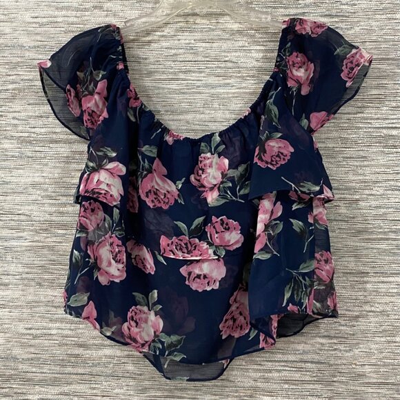 Lucy Pass Navy Floral Chiffon Ruffled Blouse With Pink Peony Print - Small NWT - Picture 5 of 7
